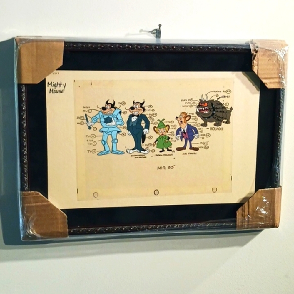 MIGHTY MOUSE ANIMATION CELL +SHEET FILMATION-FRAMED ,13"×18.25", Multicolor.